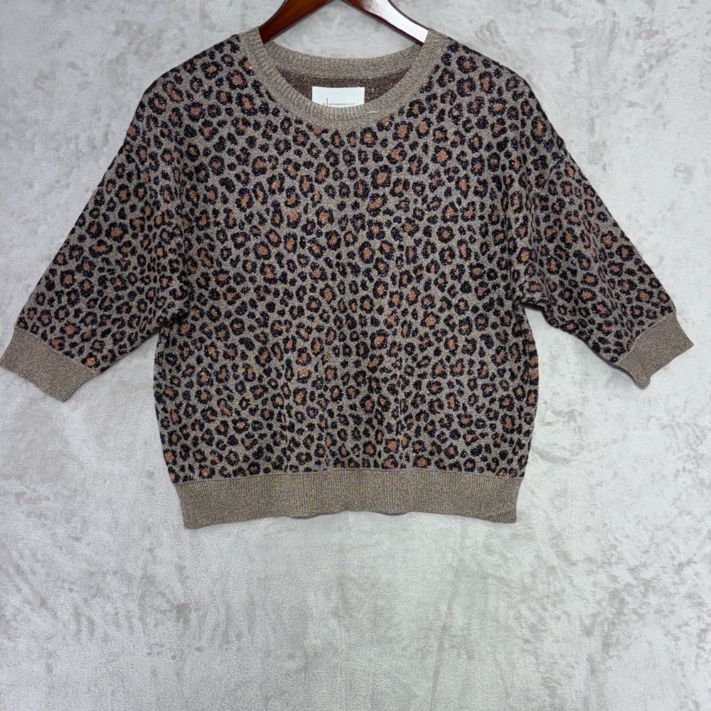 Anthropologie 3/4 Sleeves Metallic Leopard Print Sweater Top Size XS